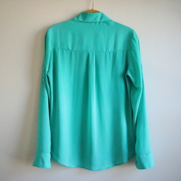 Express Teal Long Sleeve Button Up Blouse Top - Picture 5 of 8